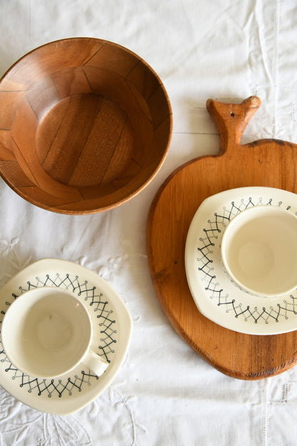 Pair Vintage Coffee Cups & Wooden Bowl & Board