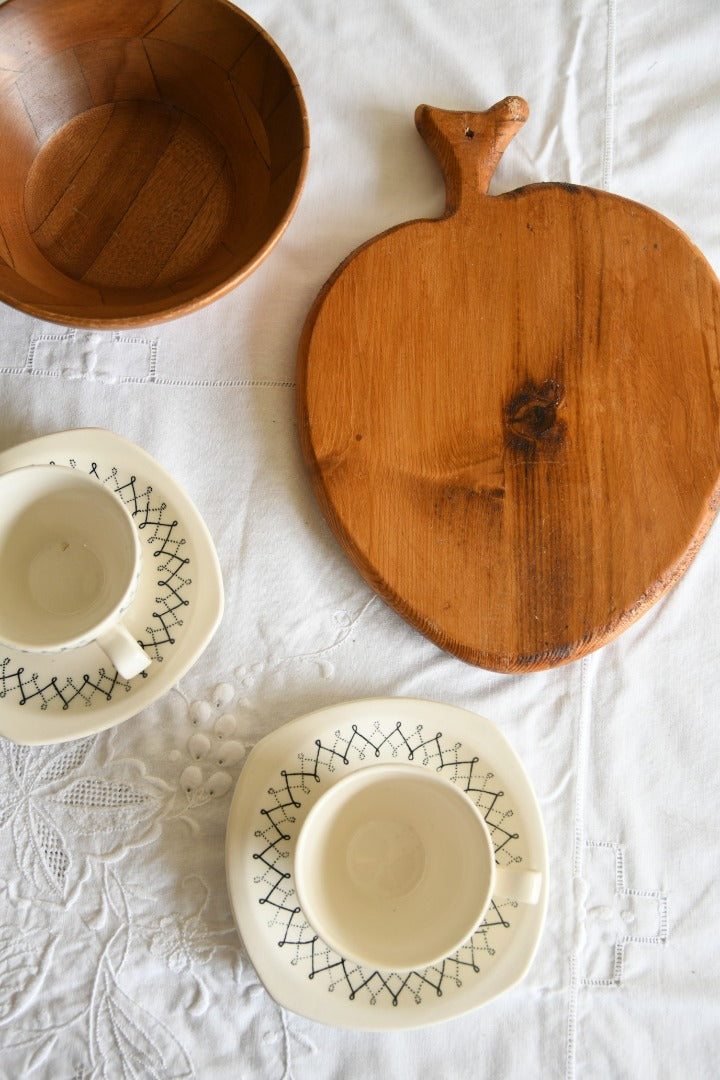 Pair Vintage Coffee Cups & Wooden Bowl & Board