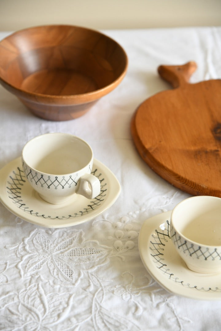 Pair Vintage Coffee Cups & Wooden Bowl & Board