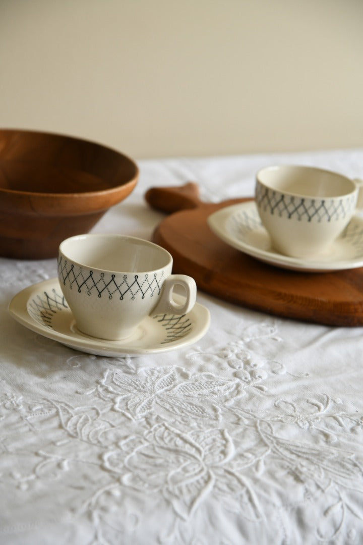 Pair Vintage Coffee Cups & Wooden Bowl & Board