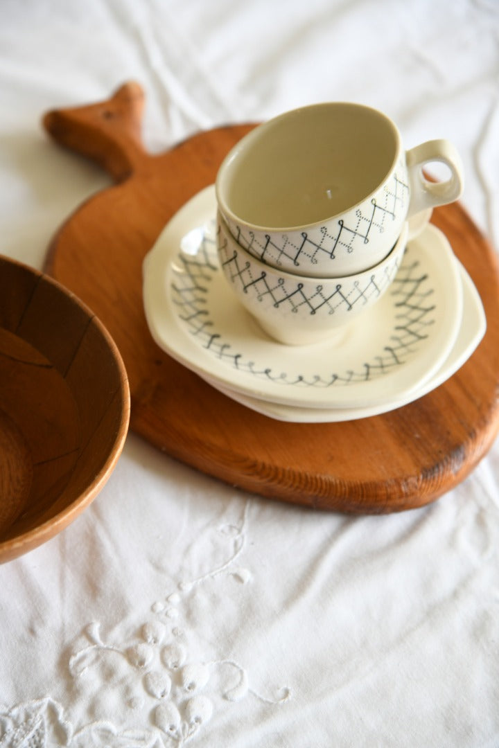 Pair Vintage Coffee Cups & Wooden Bowl & Board