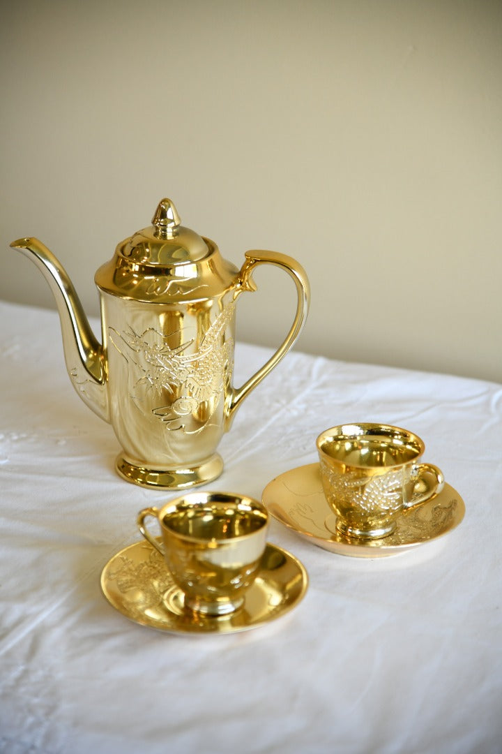 Gold Dragon Ware Coffee Pot Two Cups and Saucers