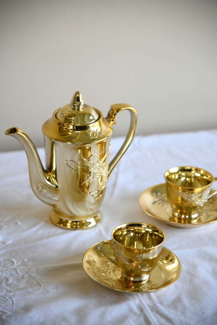 Gold Dragon Ware Coffee Pot Two Cups and Saucers