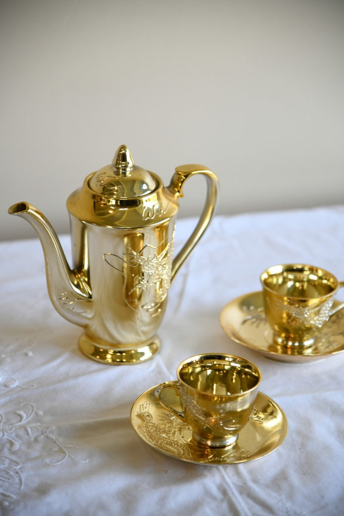 Gold Dragon Ware Coffee Pot Two Cups and Saucers