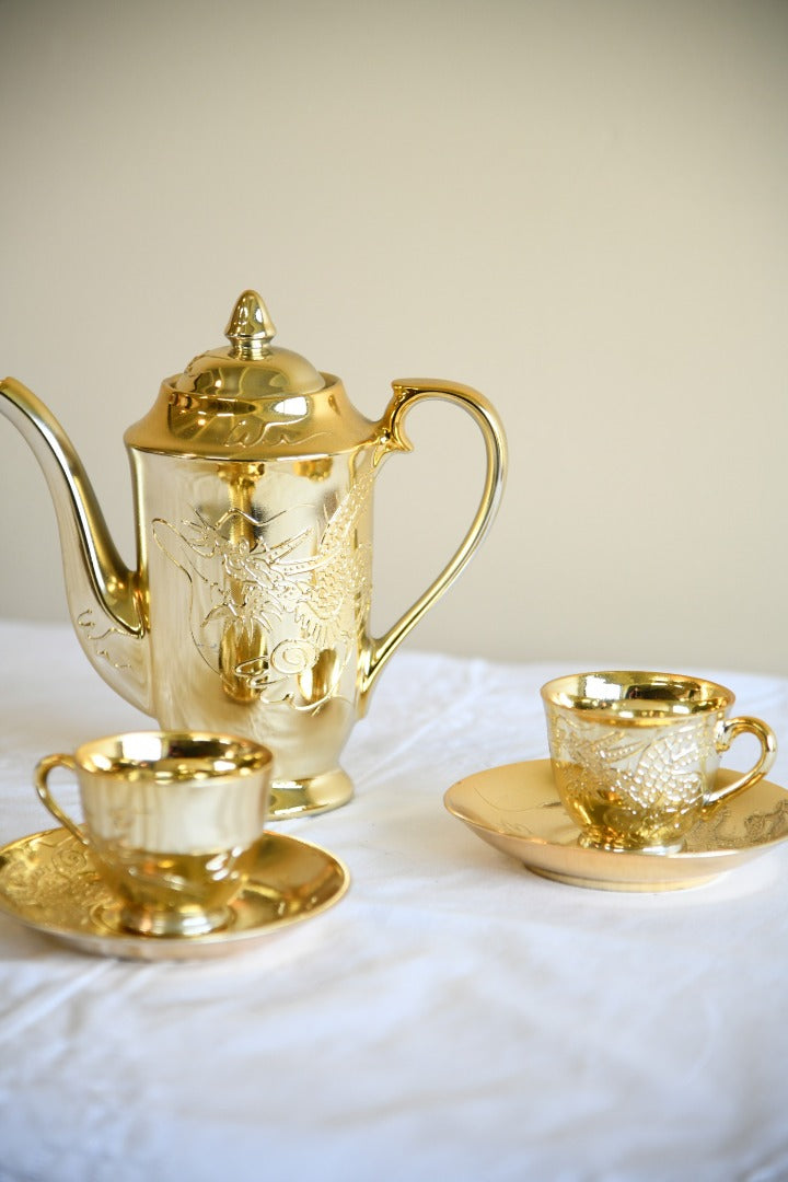 Gold Dragon Ware Coffee Pot Two Cups and Saucers