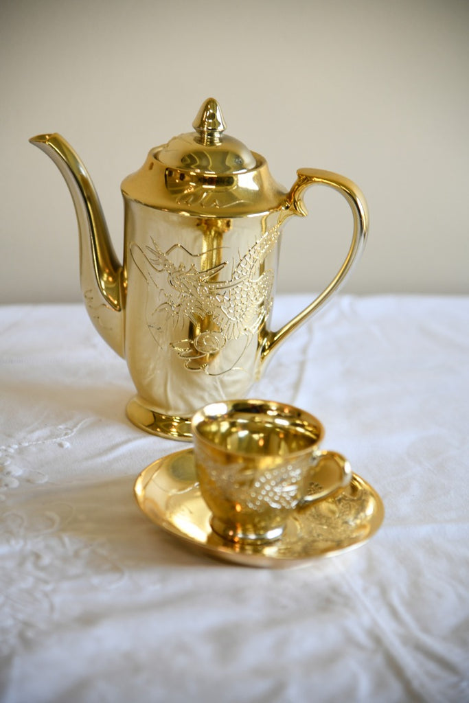 Gold Dragon Ware Coffee Pot Two Cups and Saucers