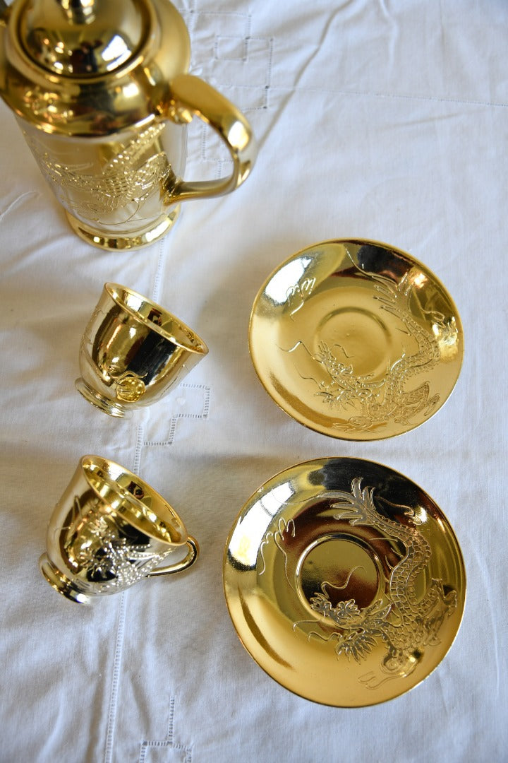 Gold Dragon Ware Coffee Pot Two Cups and Saucers