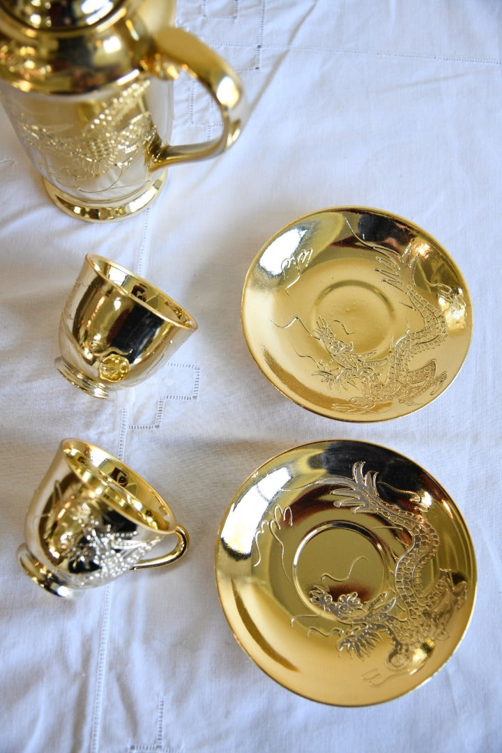 Gold Dragon Ware Coffee Pot Two Cups and Saucers