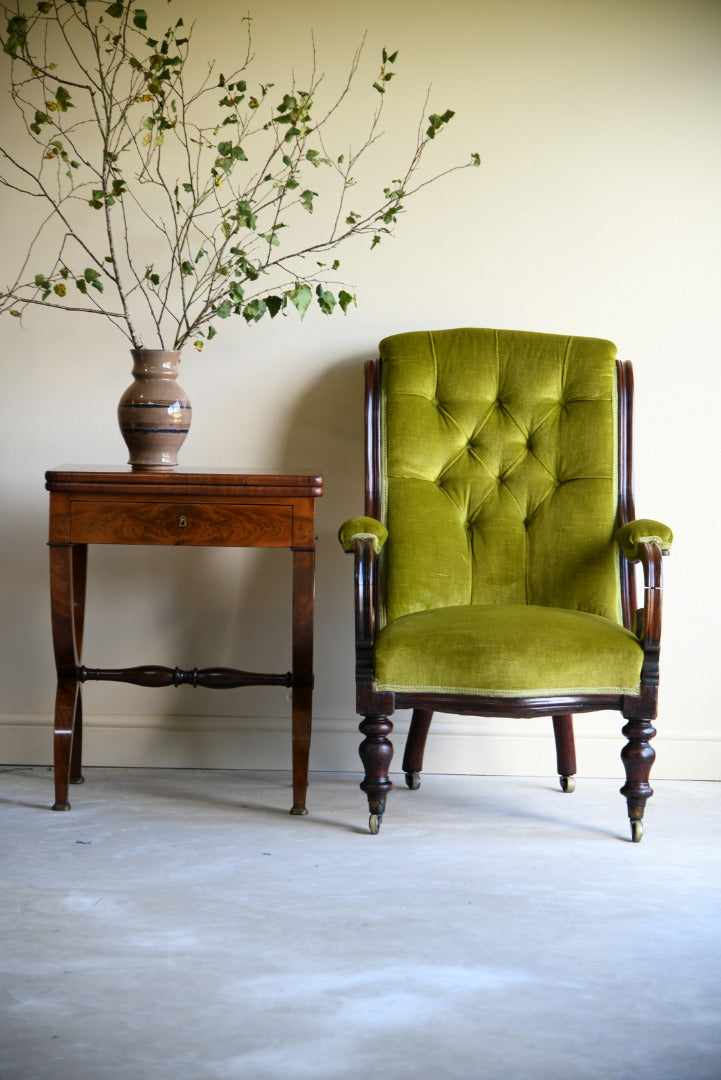 Antique Mahogany & Green Upholstered Armchair