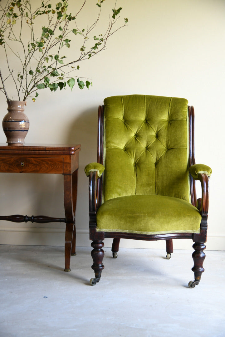 Antique Mahogany & Green Upholstered Armchair