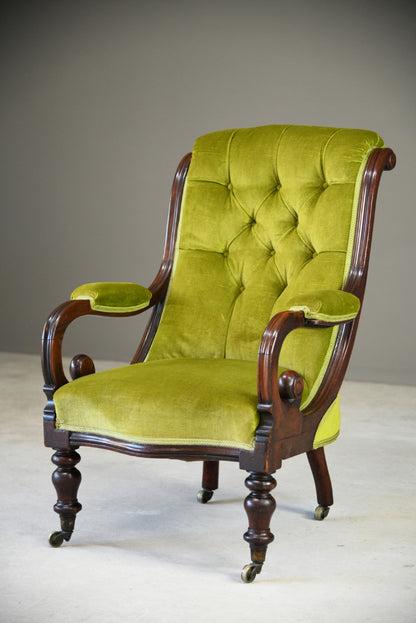 Antique Mahogany & Green Upholstered Armchair