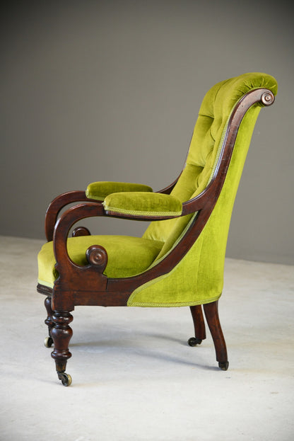 Antique Mahogany & Green Upholstered Armchair