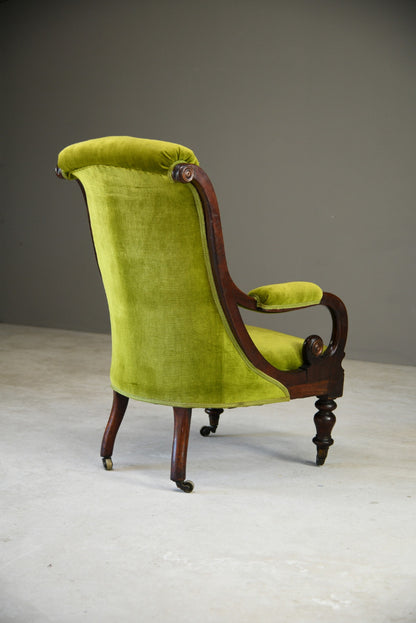 Antique Mahogany & Green Upholstered Armchair