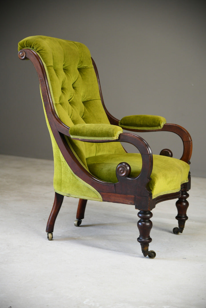 Antique Mahogany & Green Upholstered Armchair