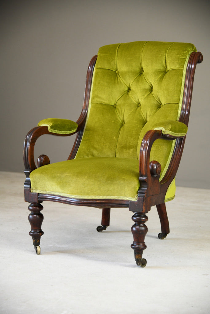 Antique Mahogany & Green Upholstered Armchair