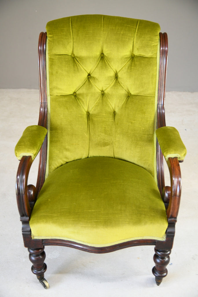 Antique Mahogany & Green Upholstered Armchair