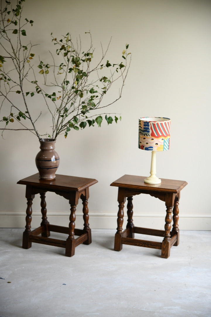 Pair Rustic Country Style Oak Stools