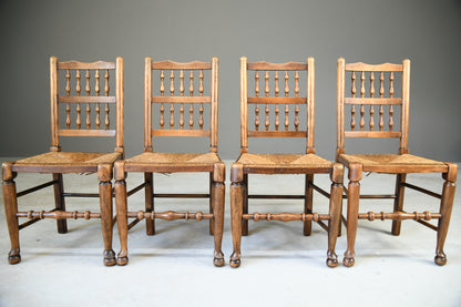 4 Rustic Country Spindle Back Oak & Rush Chairs