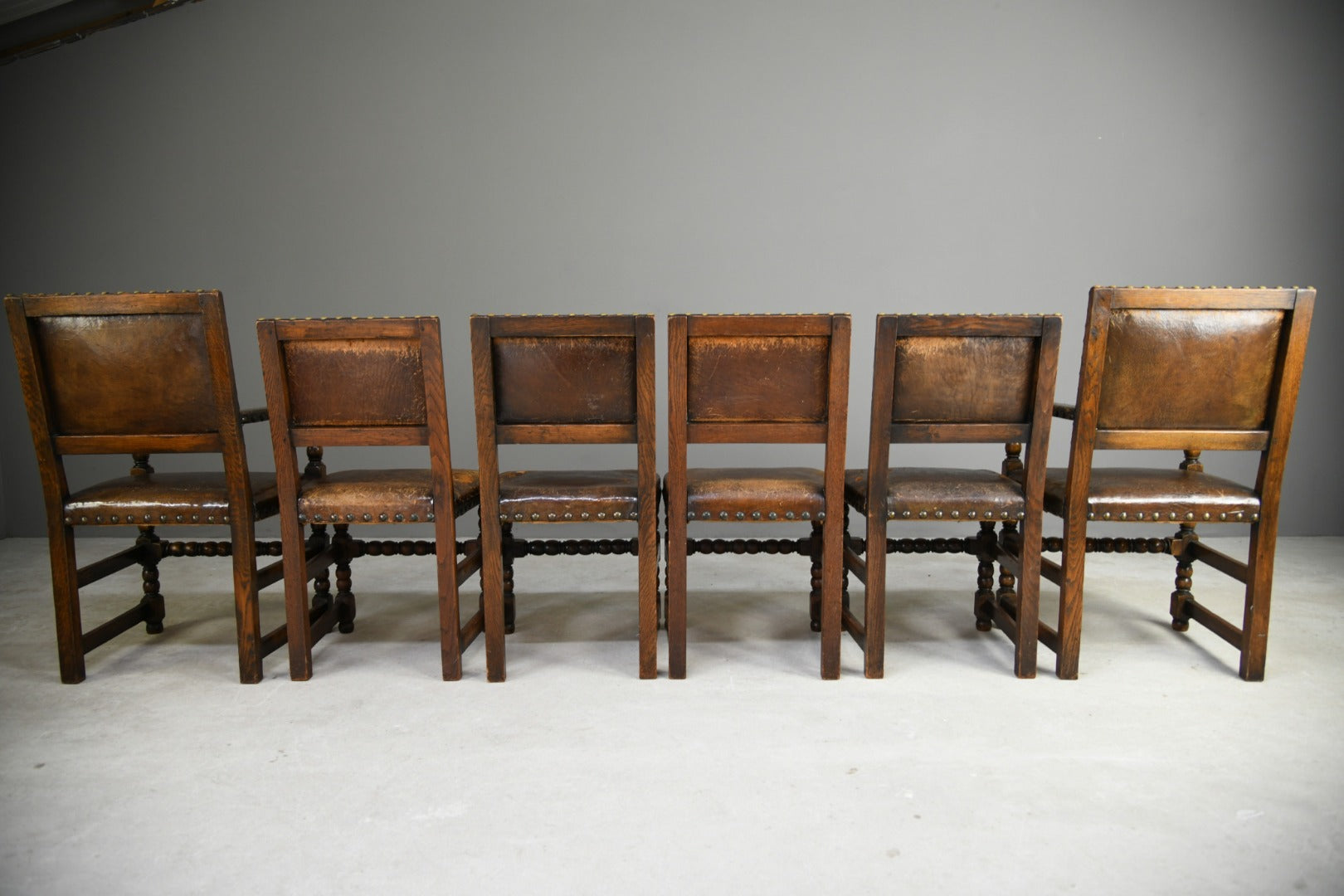 6 Cromwellian Style Brown Leather Dining Chairs