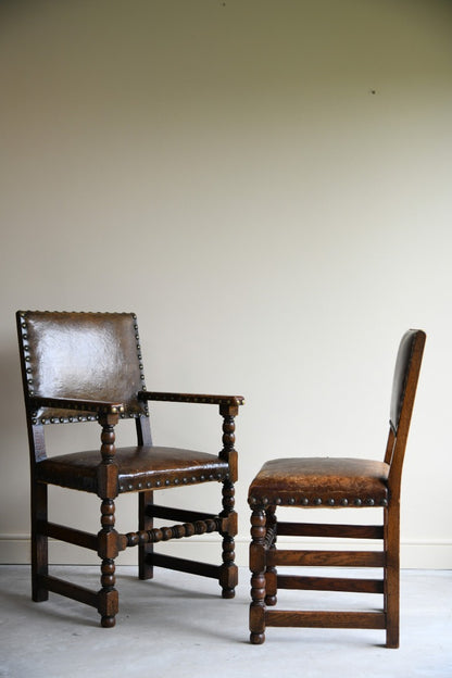 6 Cromwellian Style Brown Leather Dining Chairs