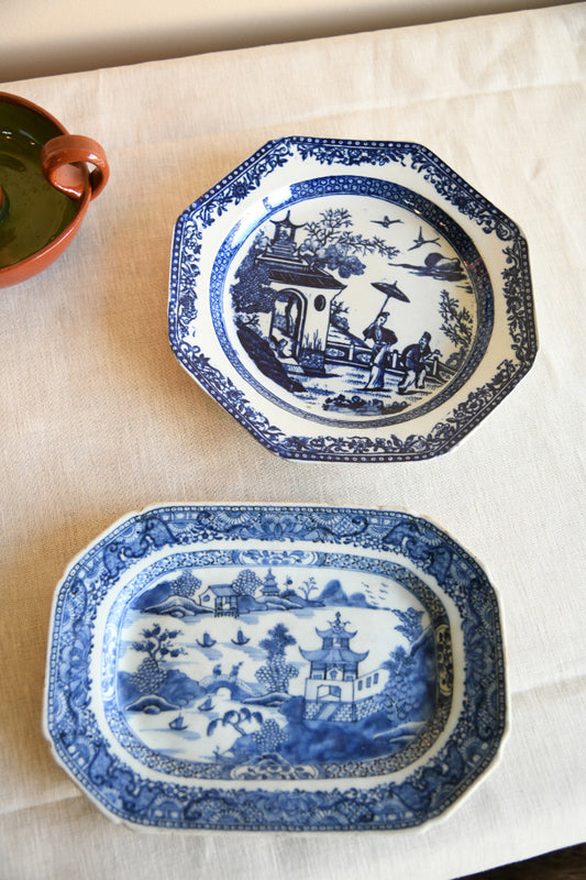 2 Blue & White Oriental Plates