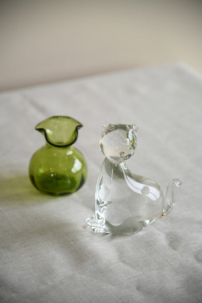 Glass Cat Paperweight & Green Vase