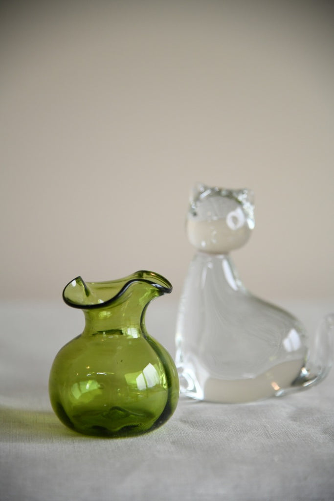 Glass Cat Paperweight & Green Vase