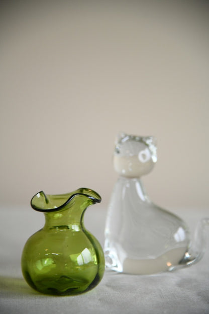 Glass Cat Paperweight & Green Vase