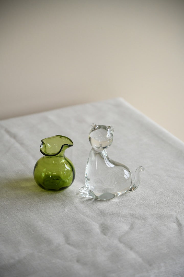 Glass Cat Paperweight & Green Vase