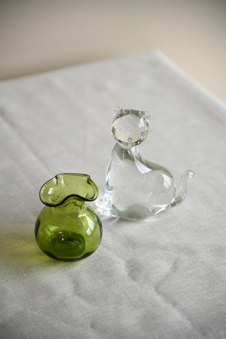 Glass Cat Paperweight & Green Vase