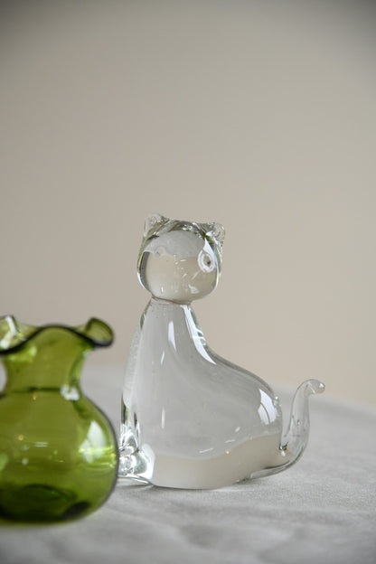 Glass Cat Paperweight & Green Vase