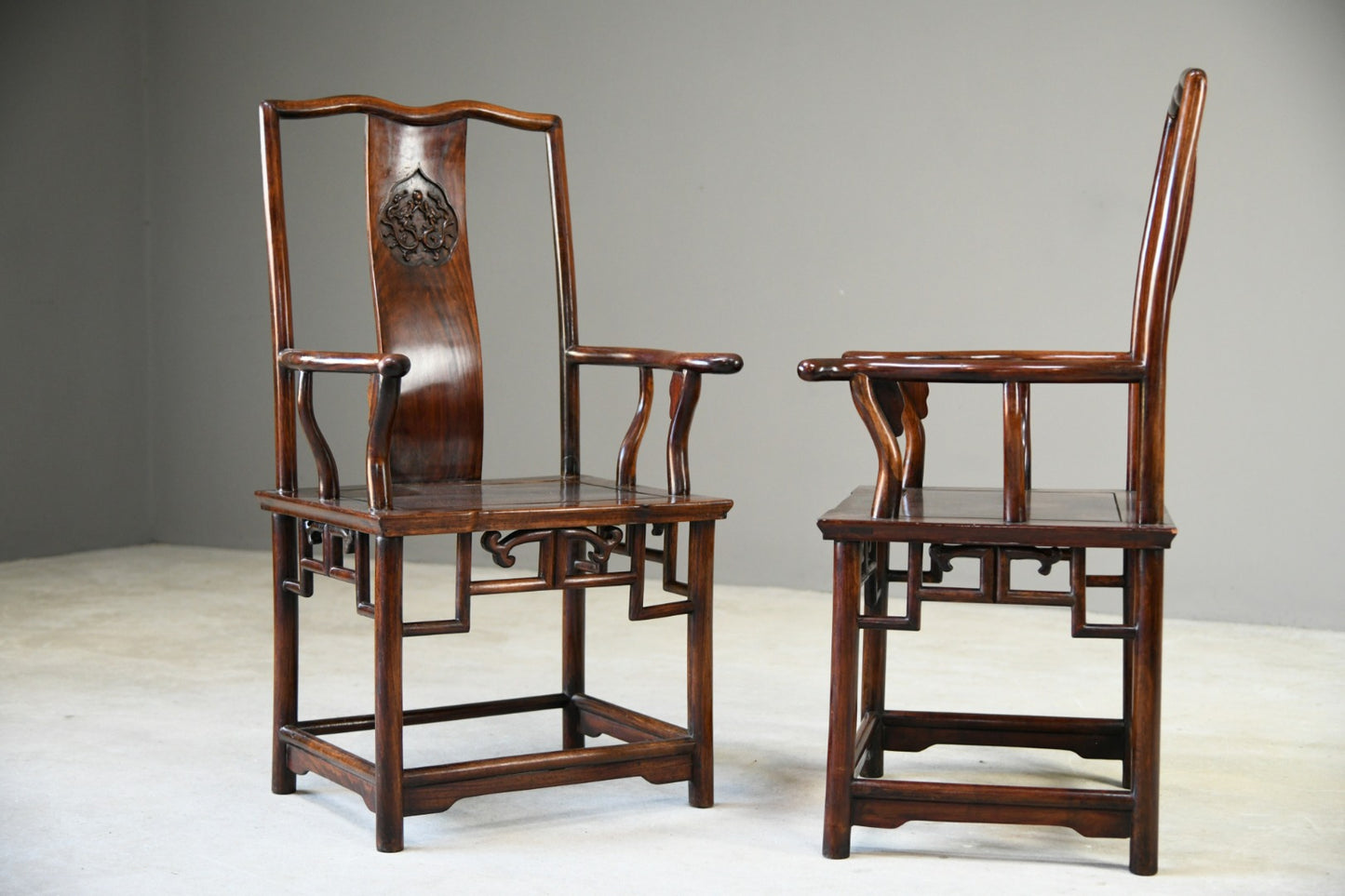 Pair Chinese Huali Yoke Back Armchairs