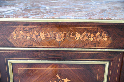 French Marble & Marquetry Veneer Cabinet