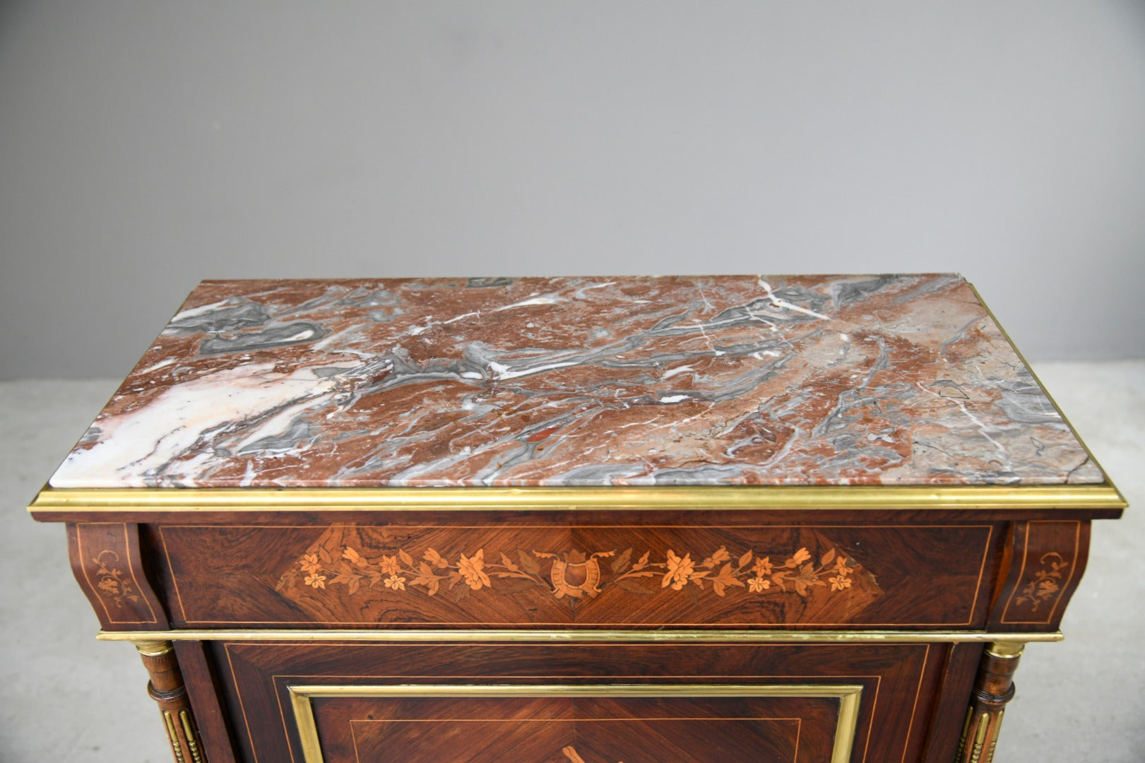 French Marble & Marquetry Veneer Cabinet