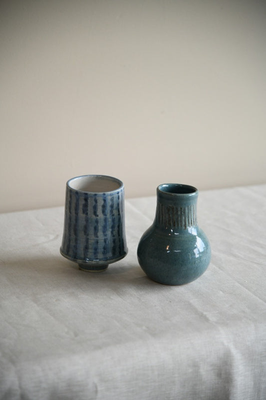 2 x Studio Pottery Blue Vase