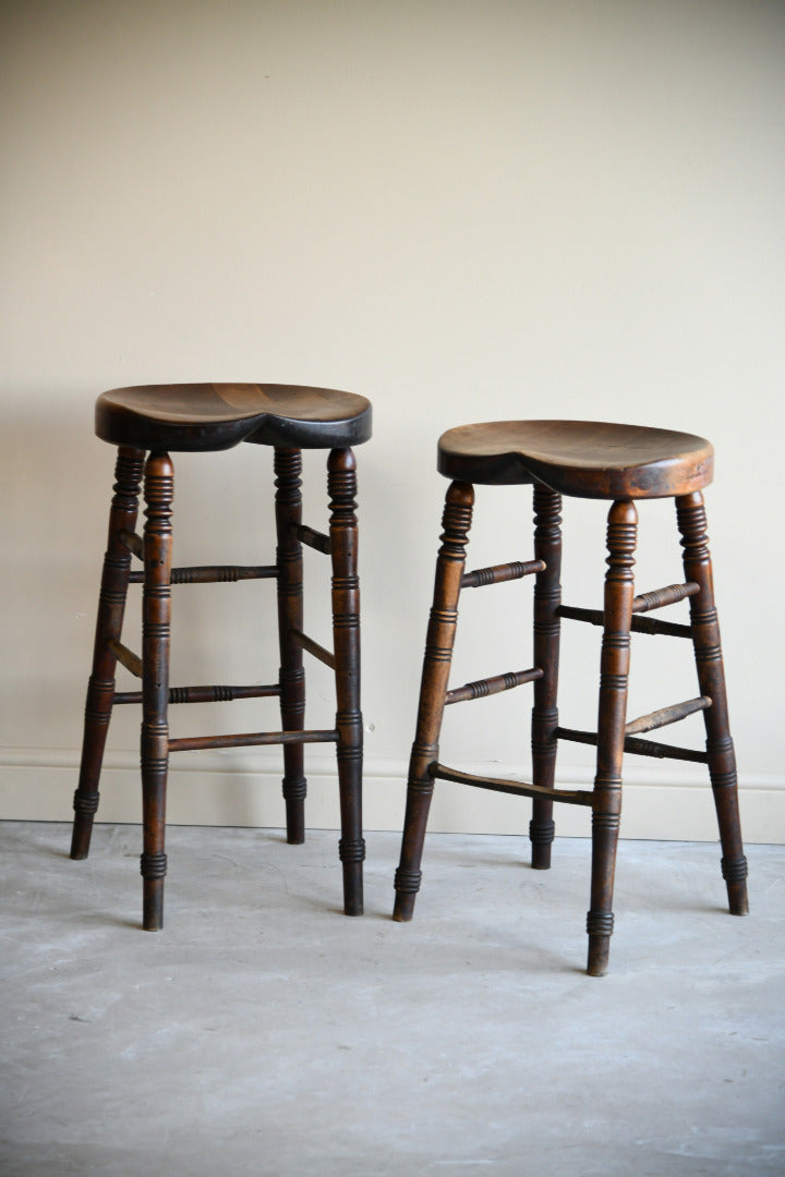 Pair Antique Bar Tavern High Wooden Stools