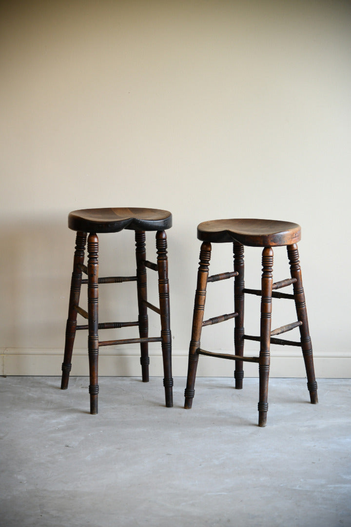 Pair Antique Bar Tavern High Wooden Stools