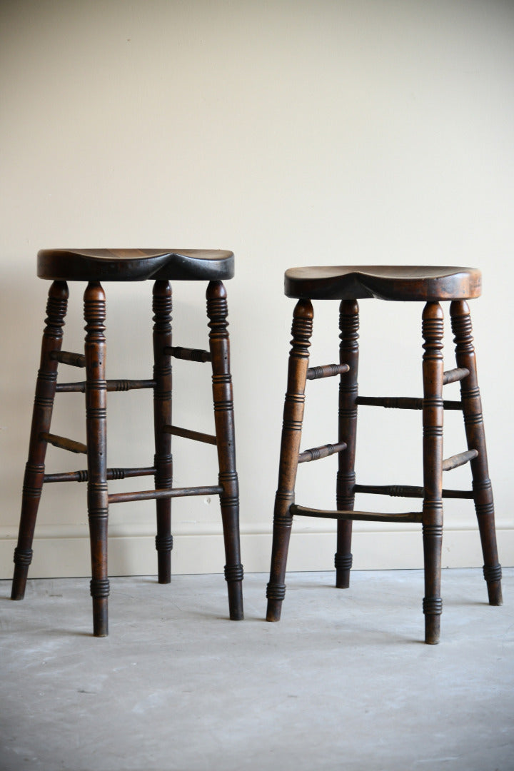 Pair Antique Bar Tavern High Wooden Stools