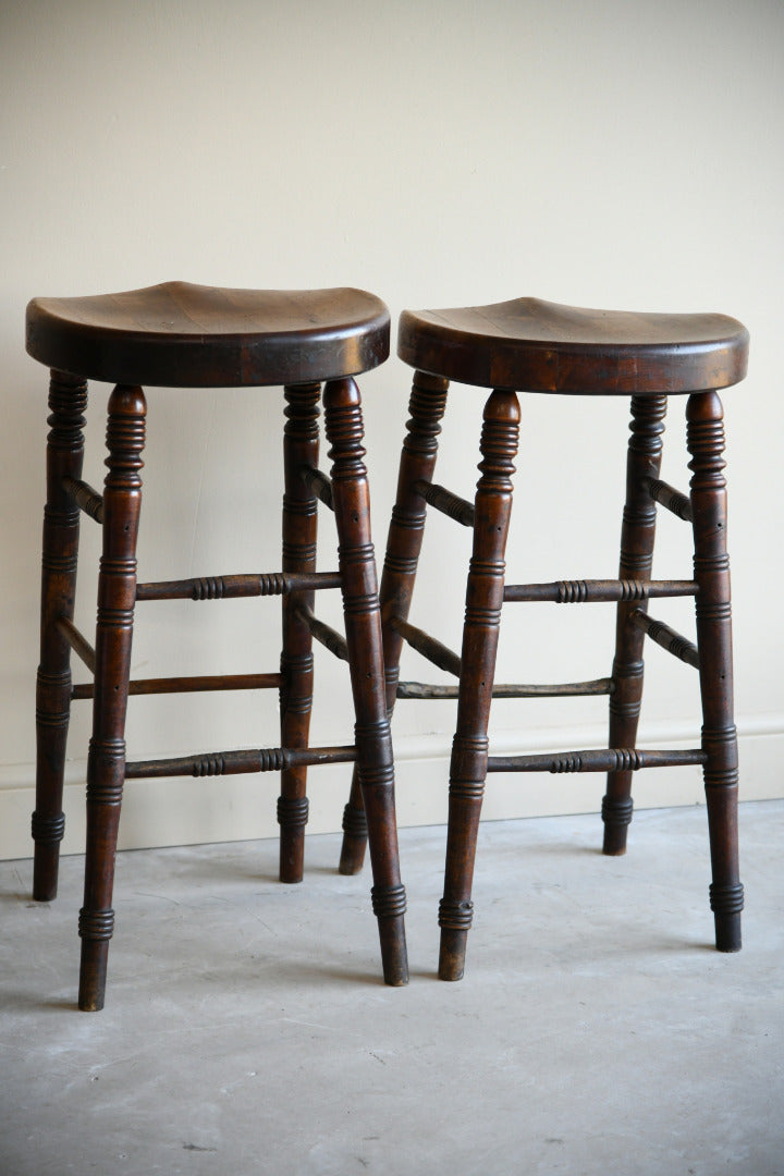 Pair Antique Bar Tavern High Wooden Stools