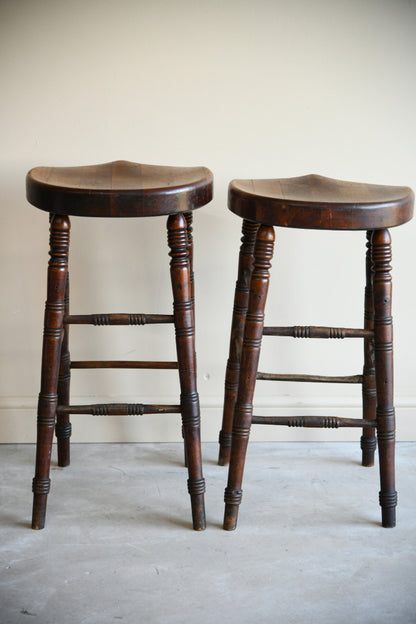 Pair Antique Bar Tavern High Wooden Stools