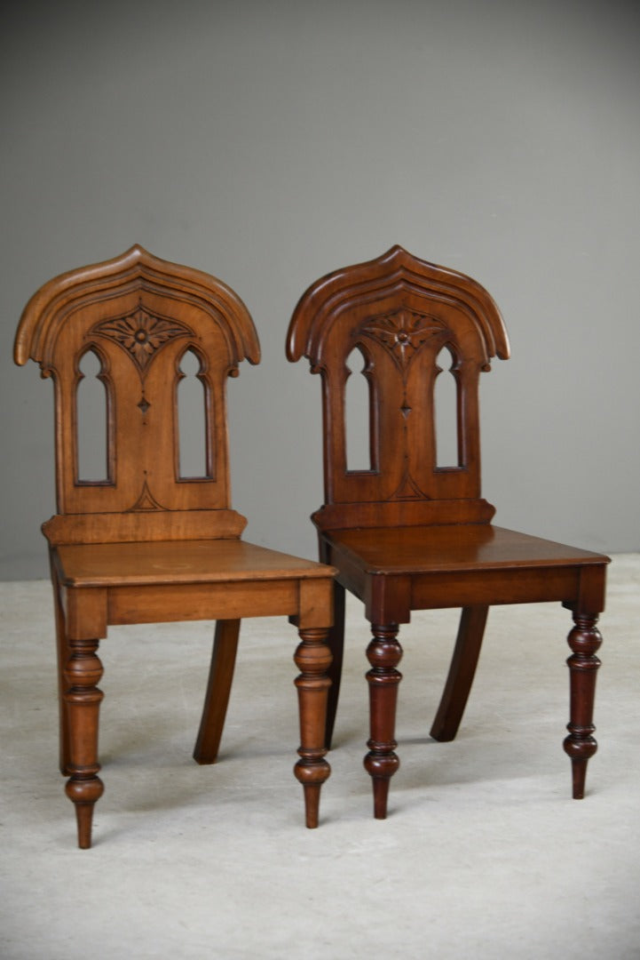 Pair Victorian Mahogany Gothic Revival Hall Chairs