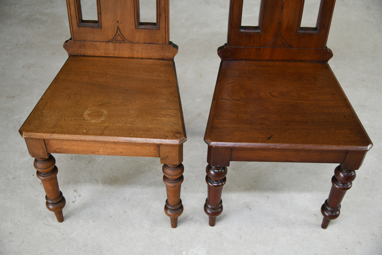 Pair Victorian Mahogany Gothic Revival Hall Chairs