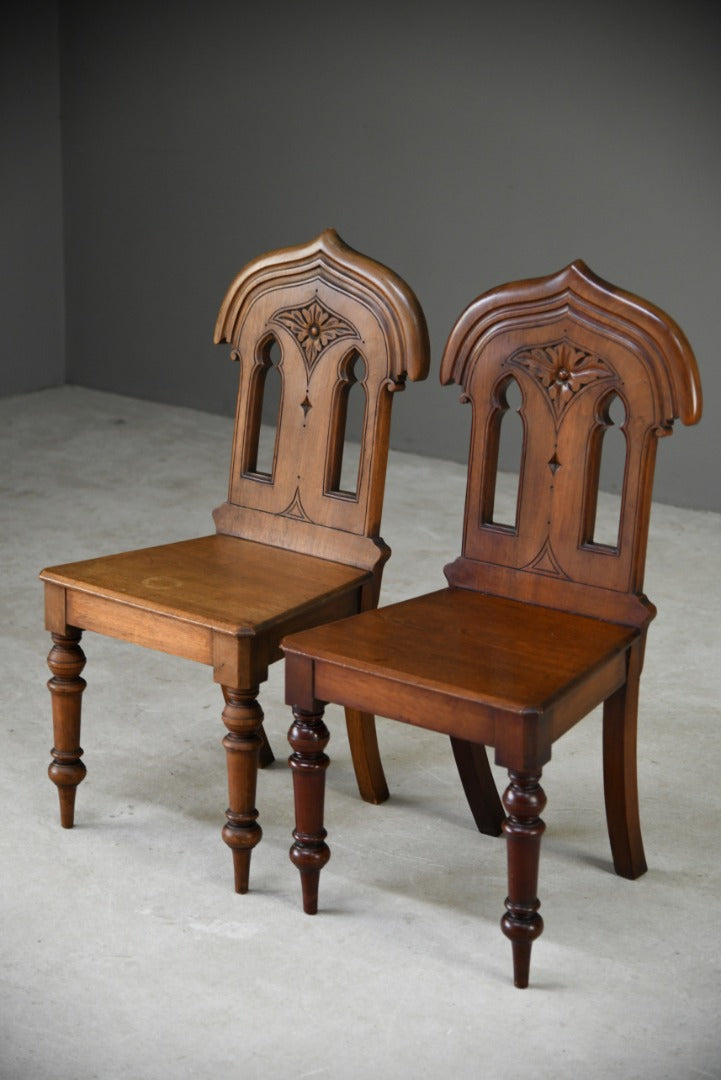 Pair Victorian Mahogany Gothic Revival Hall Chairs