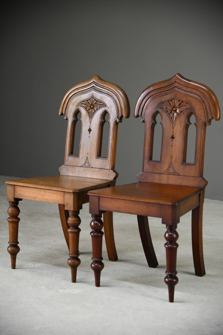 Pair Victorian Mahogany Gothic Revival Hall Chairs