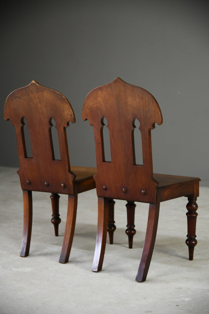 Pair Victorian Mahogany Gothic Revival Hall Chairs