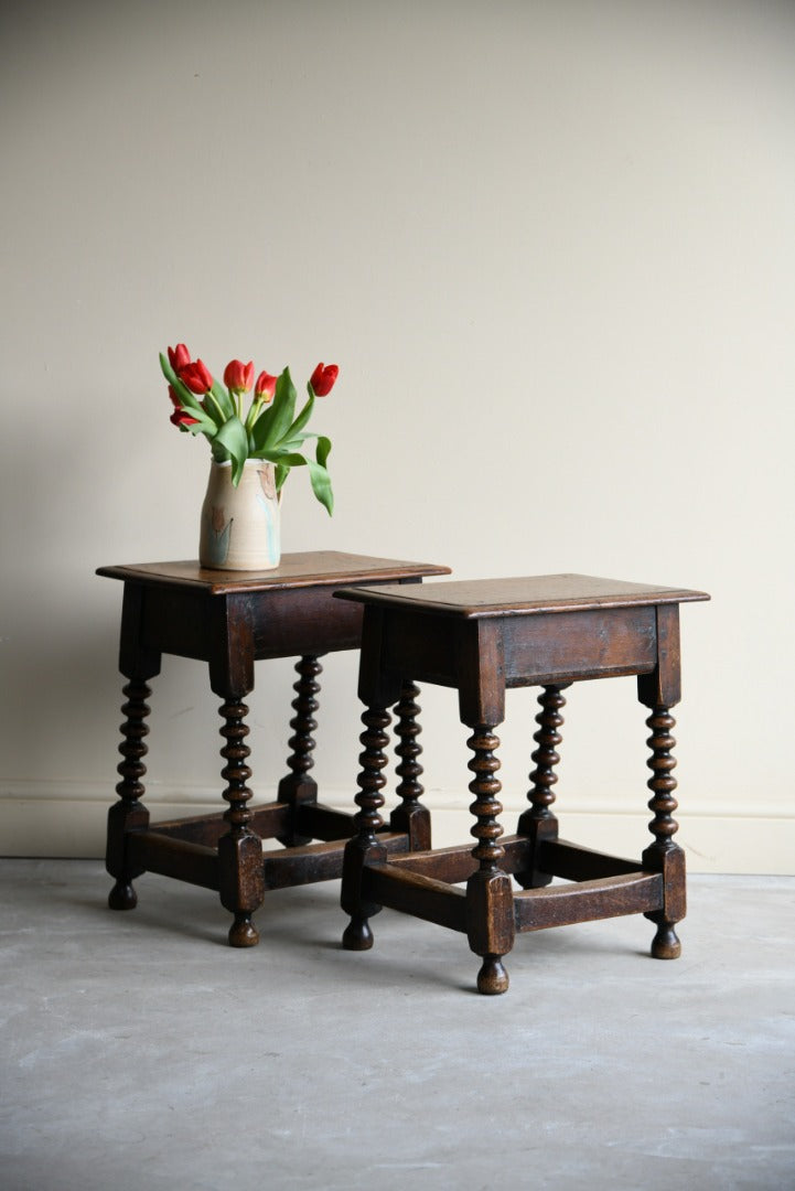 Pair Antique Oak Bobbin Turned Stools