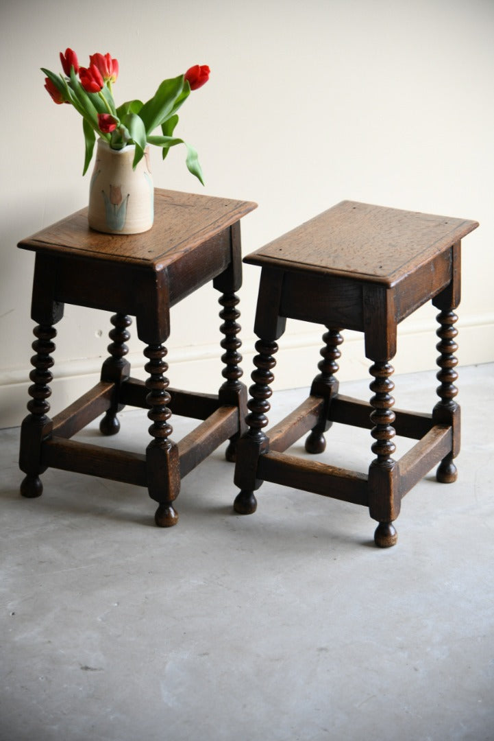 Pair Antique Oak Bobbin Turned Stools