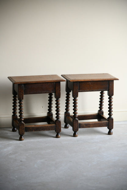 Pair Antique Oak Bobbin Turned Stools