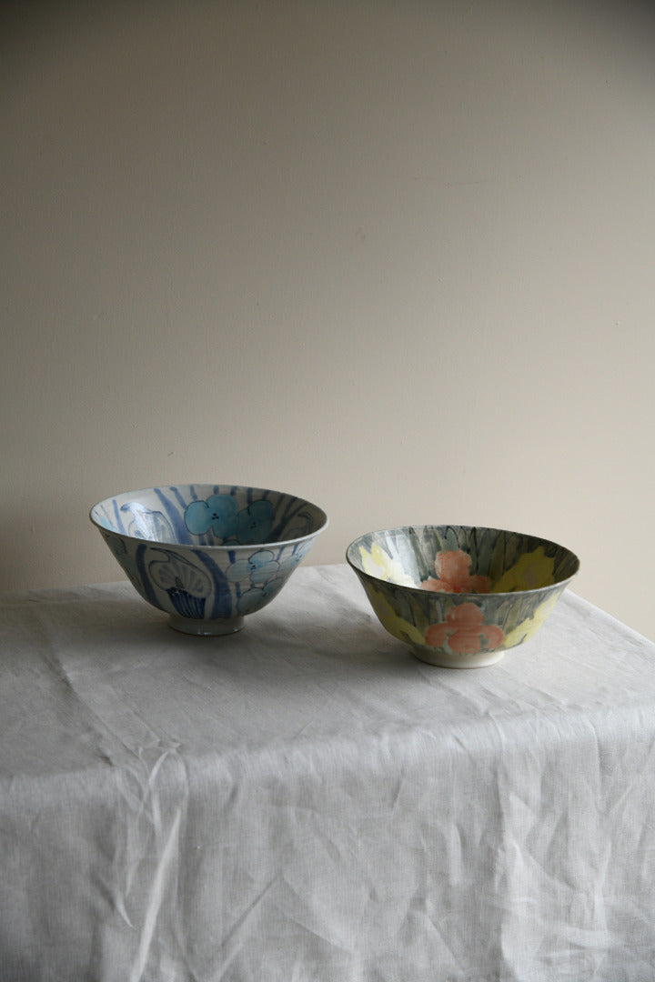 Pair Glazed Stoneware Floral Studio Pottery Bowls