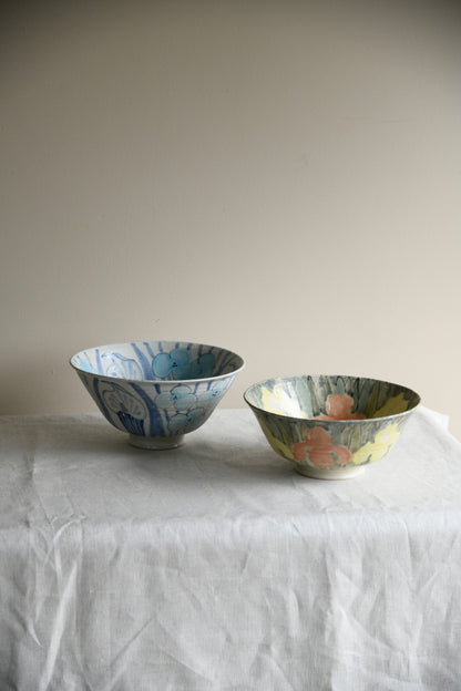 Pair Glazed Stoneware Floral Studio Pottery Bowls